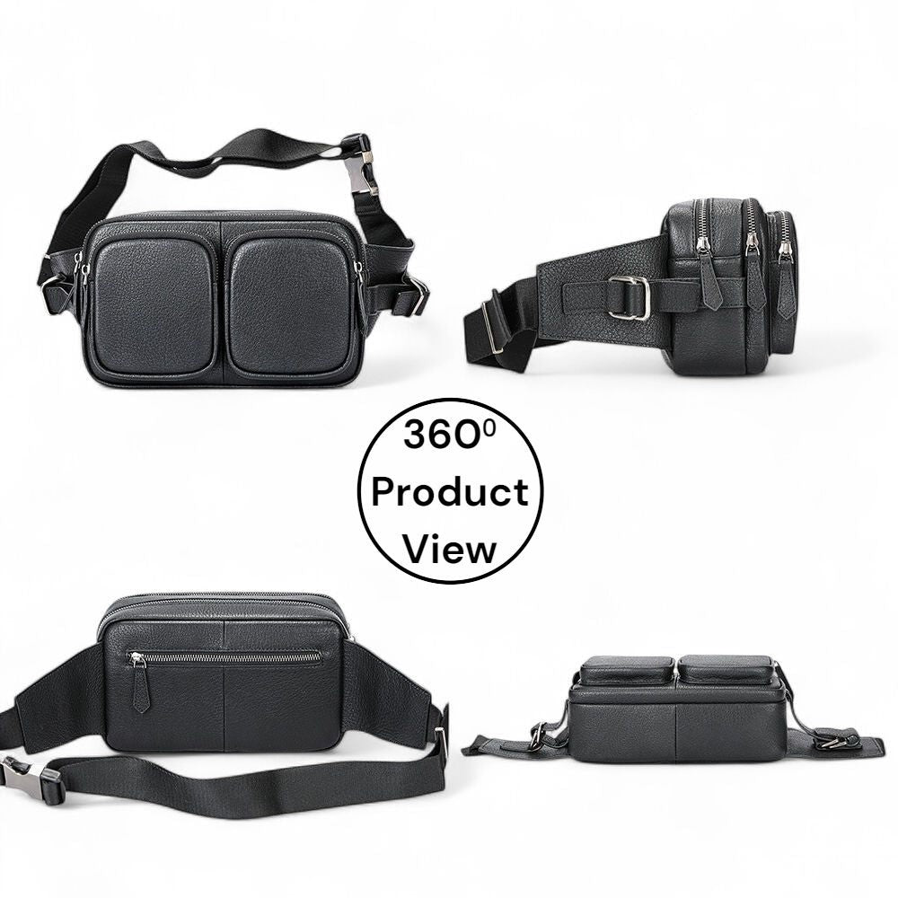 Barcon Getta Inc black genuine leather cross-body bag with multiple zippered pockets and adjustable strap.