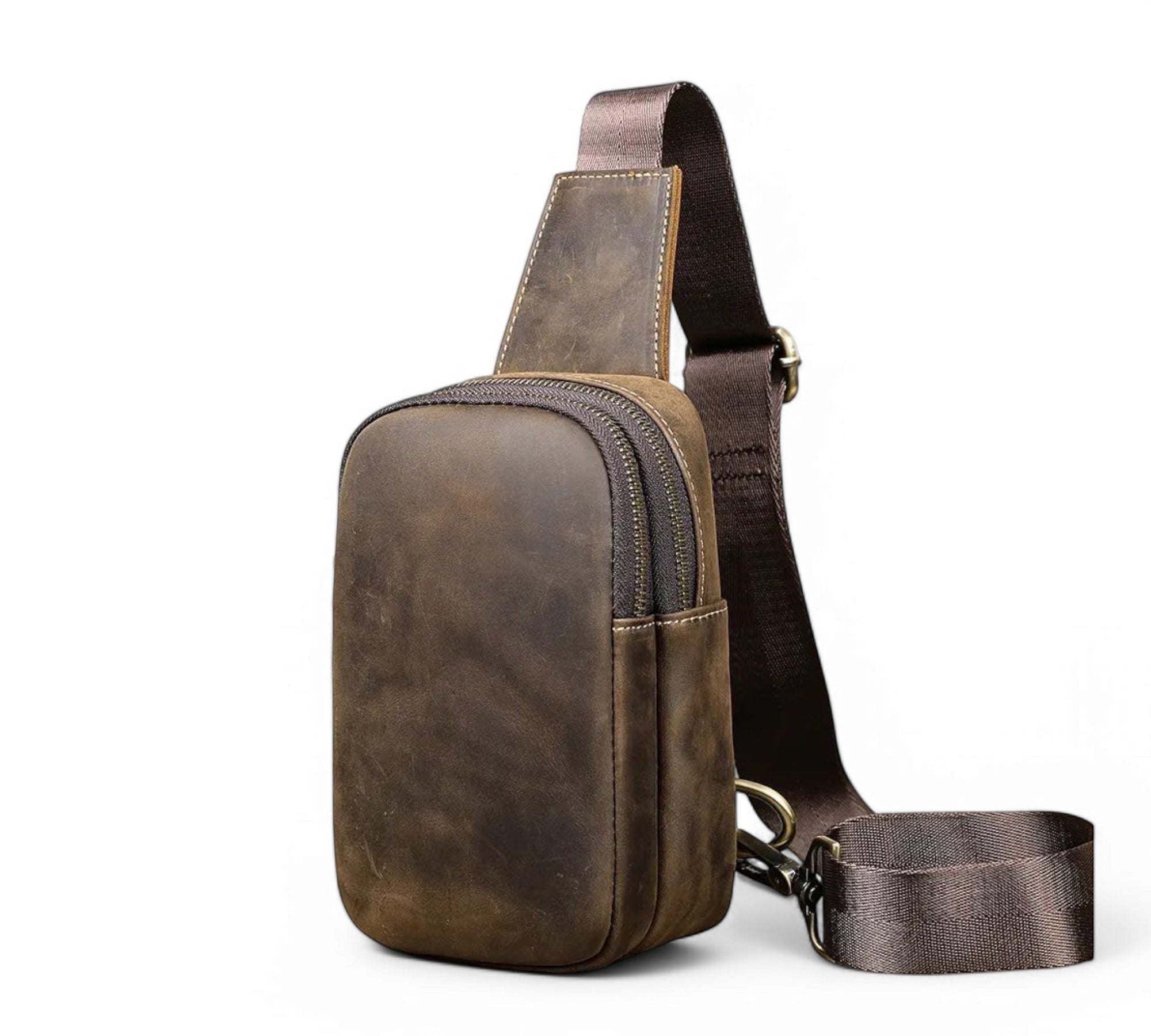 Barcon Getta Inc TRAVERSE brown genuine leather cross-body bag with adjustable strap and multiple compartments.