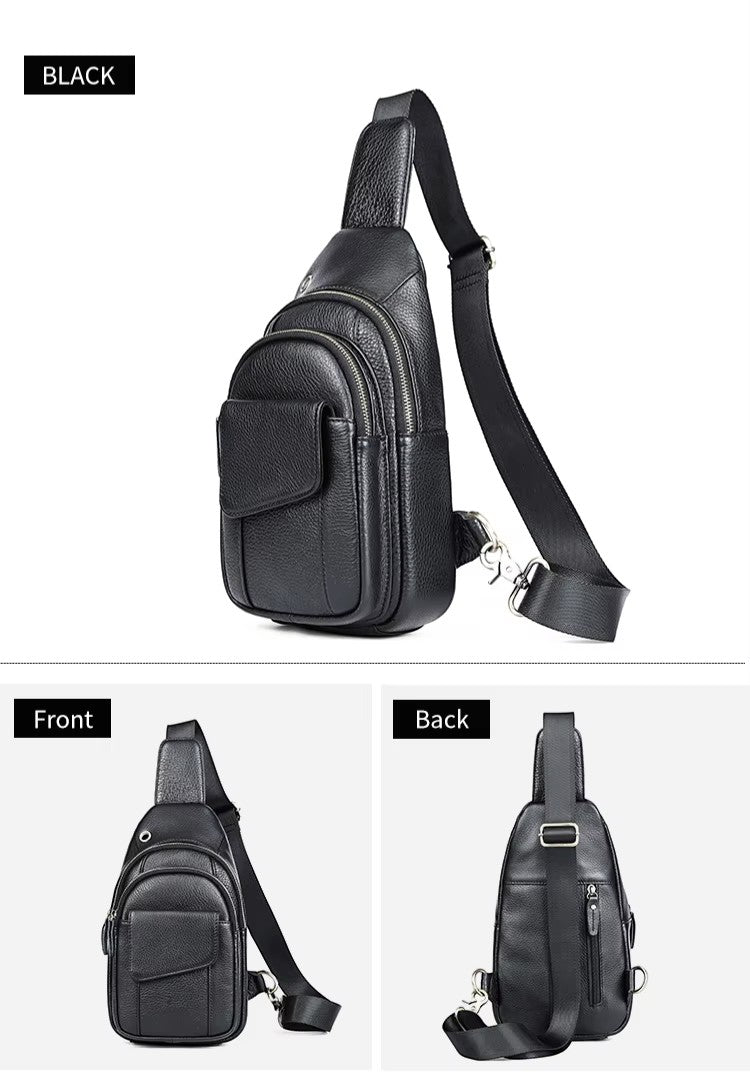 Barcon Getta Inc black leather cross-body bag with adjustable strap and multiple compartments.