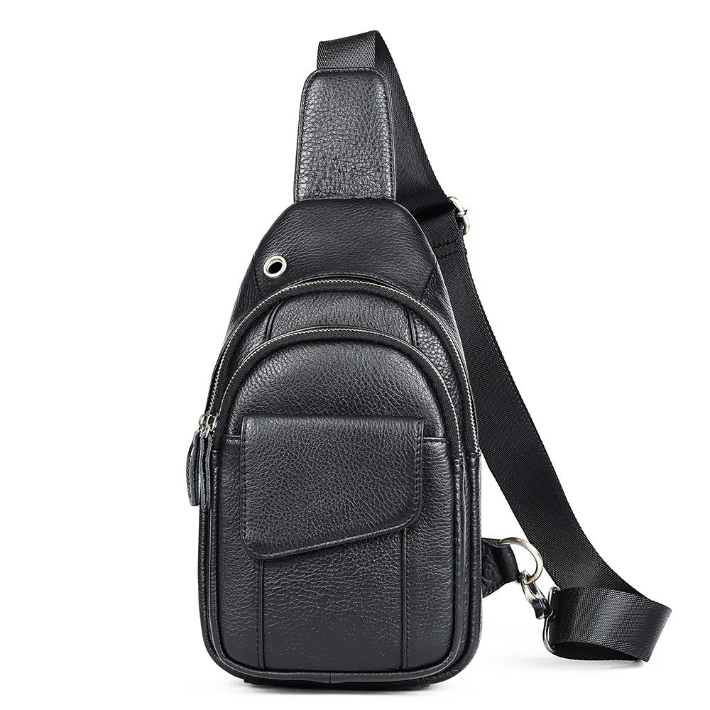 Barcon Getta Inc black genuine leather crossbody bag with adjustable strap and multiple compartments.