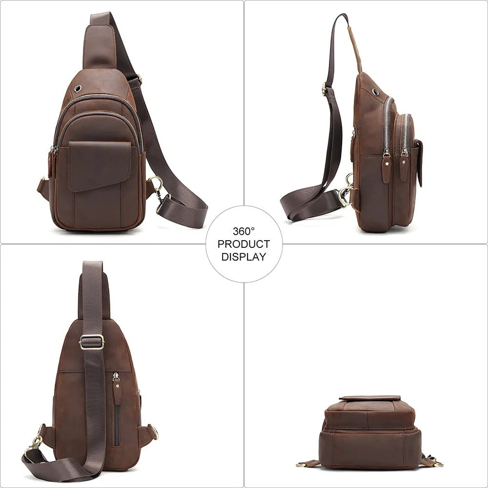 Barcon Getta Inc brown leather cross-body bag with adjustable strap and multiple compartments.
