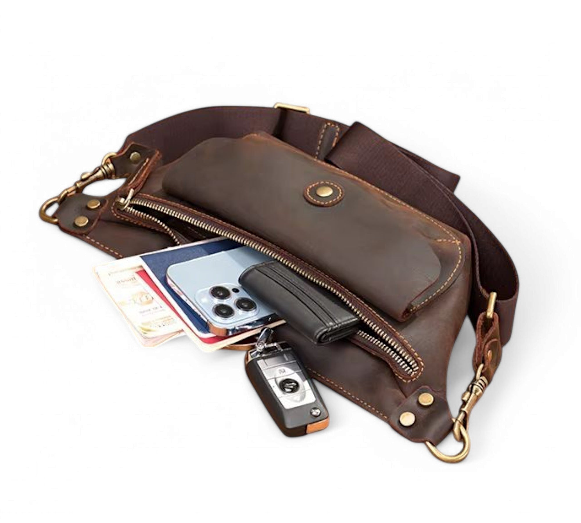 Barcon Getta Inc ARCBAND fanny bag in dark brown full grain leather with multiple pockets and adjustable strap.