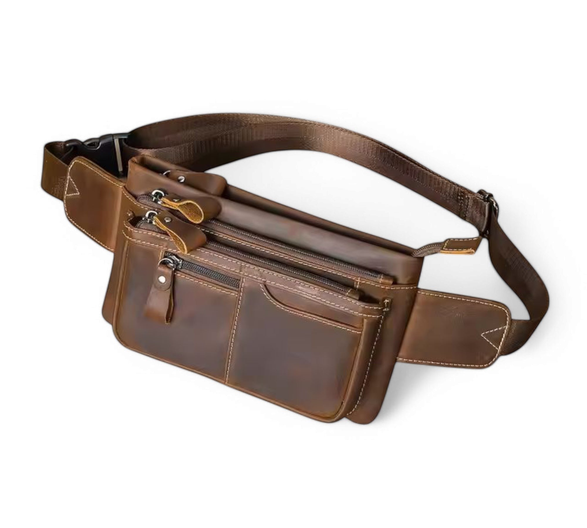 Barcon Getta Inc BELTCRAFT brown full grain leather fanny bag with multiple zipper pockets and adjustable strap.