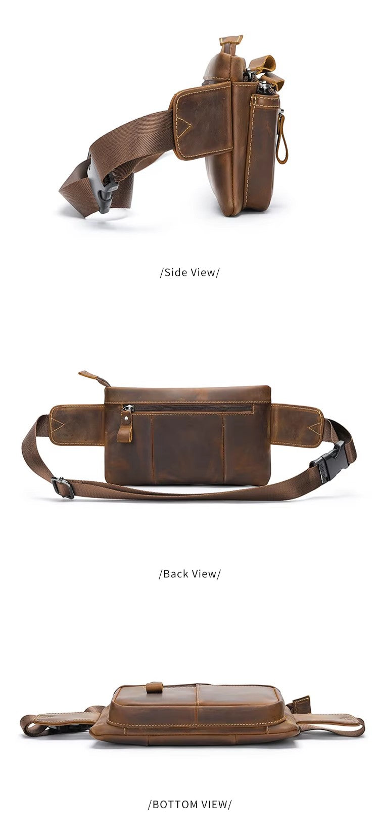 Barcon Getta Inc BELTCRAFT brown full grain leather fanny bag with multiple zipper pockets and adjustable strap.
