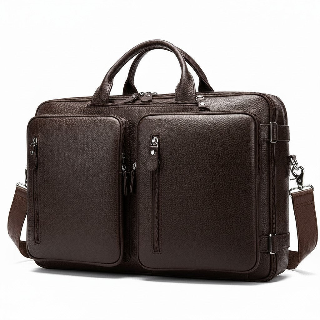 Barcon Getta Inc Attache Brief: textured brown leather briefcase with dual compartments and front zip pockets.