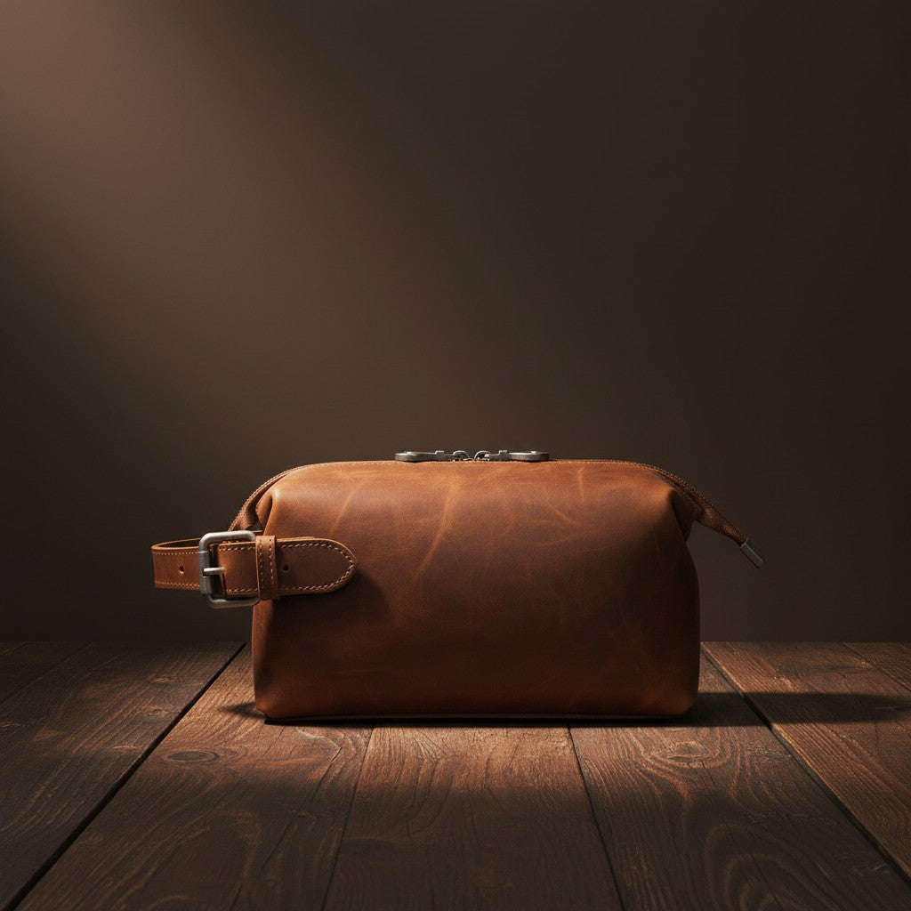 Barcon Getta Inc brown leather dopp kit with buckle strap and zipper closure, ideal for travel.