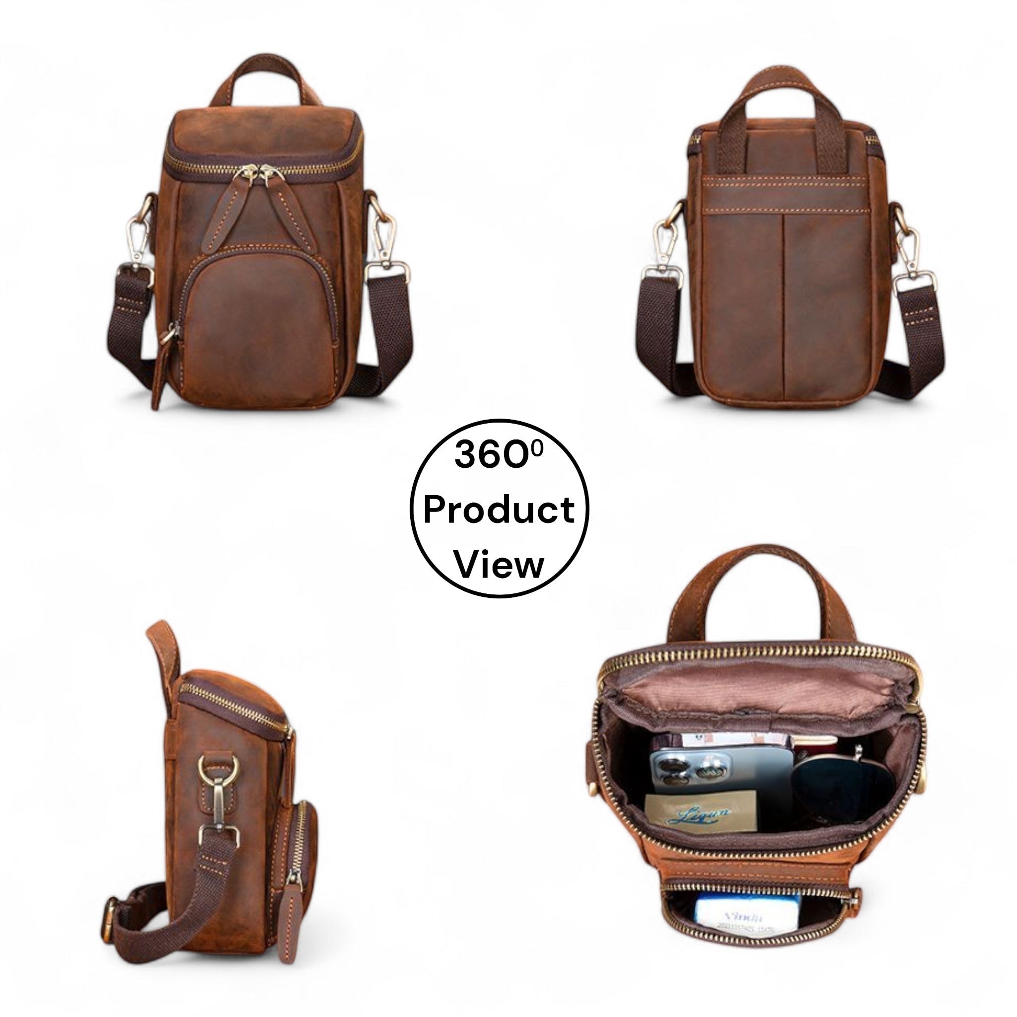 Barcon Getta Inc brown full grain leather crossbody bag with adjustable strap and multiple compartments.