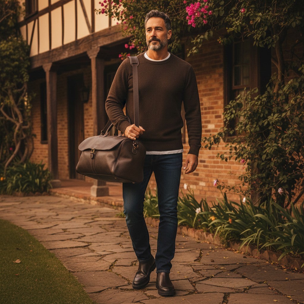 Barcon Getta Guzzo Duffel Travel Bag – Black – Full Grain Leather Travel Bag  - wearing Barcon Getta  Casablanca black Chelsea boot -
Man walking outdoors holding a leather bag, with a brick building and greenery in the background