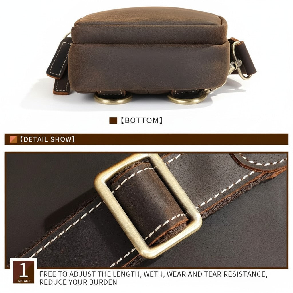 Barcon Getta Inc dark brown genuine leather cross-body bag with adjustable strap and brass hardware.