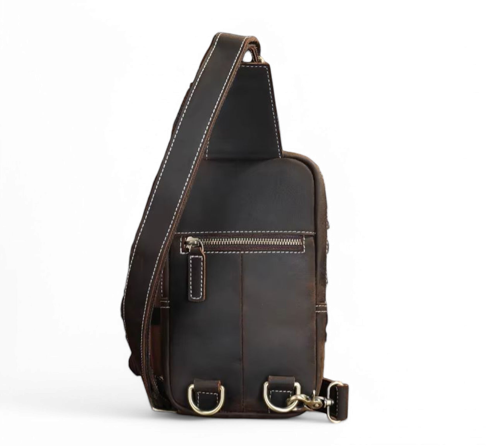 Barcon Getta Inc dark brown genuine leather cross-body bag with adjustable strap and multiple zippered compartments.