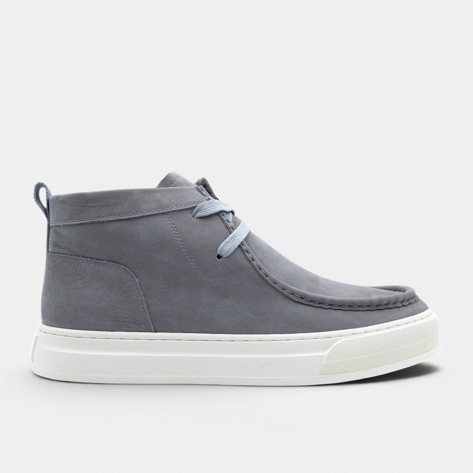 Barcon Getta Inc grey suede sneaker chukka boots with white rubber sole and light blue laces.