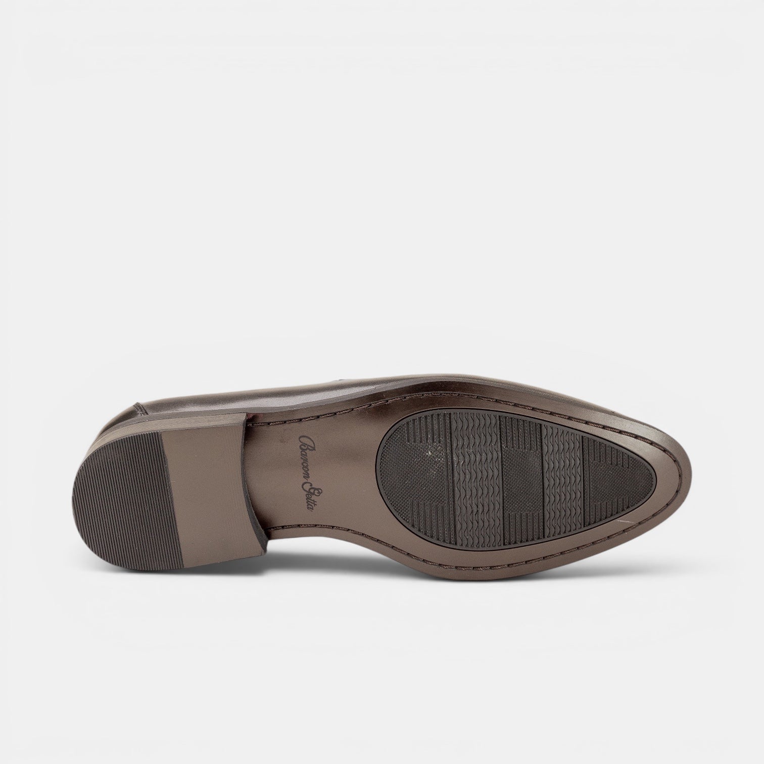Barcon Getta Inc black leather horsebit loafers, view of the sole with textured grip and branded heel.
