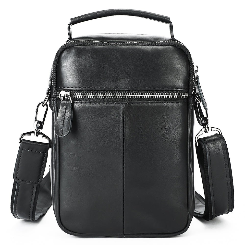 Barcon Getta Inc black full grain leather mini shoulder bag with top handle and multiple zipper pockets.