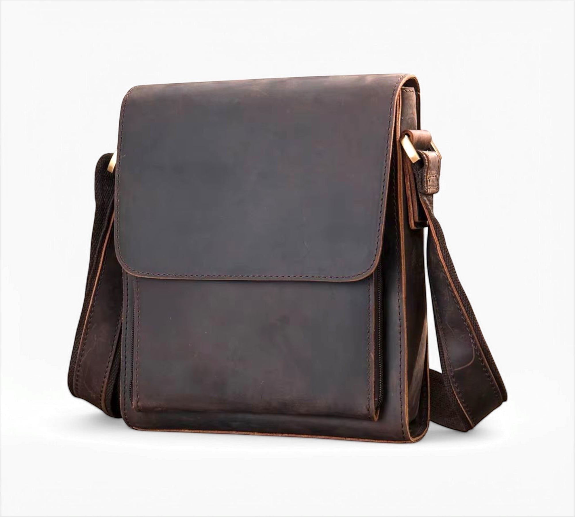 Barcon Getta Inc GRAINSIDE dark brown full grain leather shoulder bag with flap closure and multiple pockets.