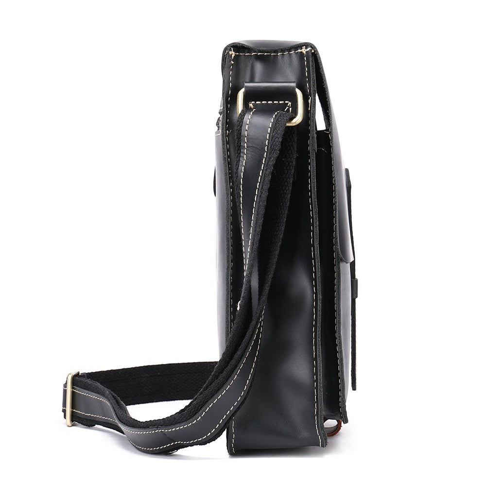 Barcon Getta Inc HARBORSIDE black full grain leather shoulder bag with adjustable strap and multiple compartments.