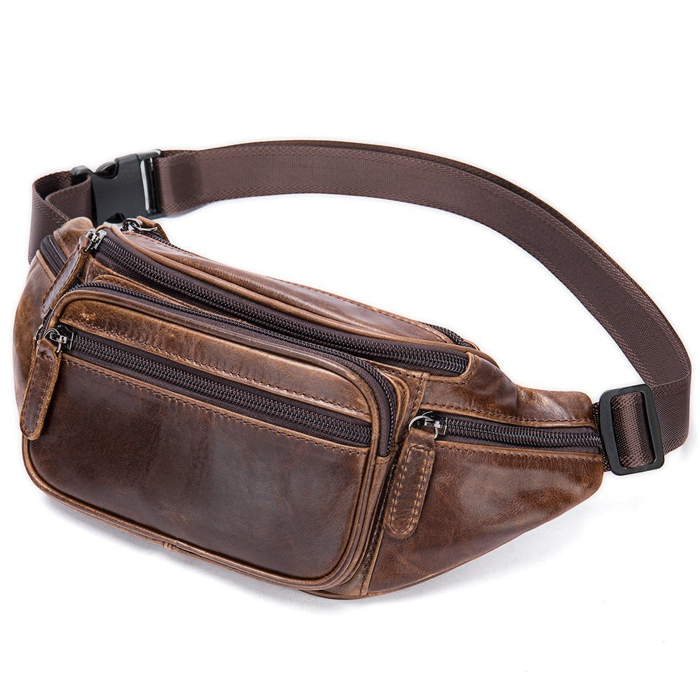 Barcon Getta Inc distressed brown leather fanny pack with multiple zippered compartments and adjustable strap.