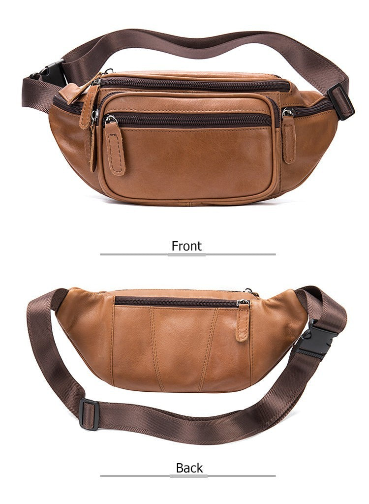 Barcon Getta Inc LAMU distressed brown leather fanny pack with multiple zippered compartments and adjustable strap.