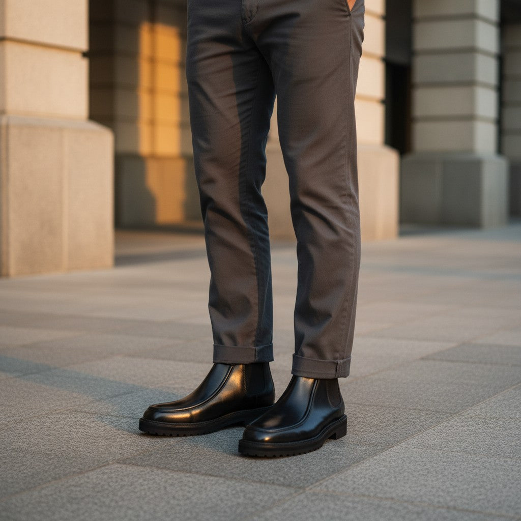 Barcon Getta Inc black leather Chelsea boots with square toe and elastic side panels. Handmade full grain calf leather.