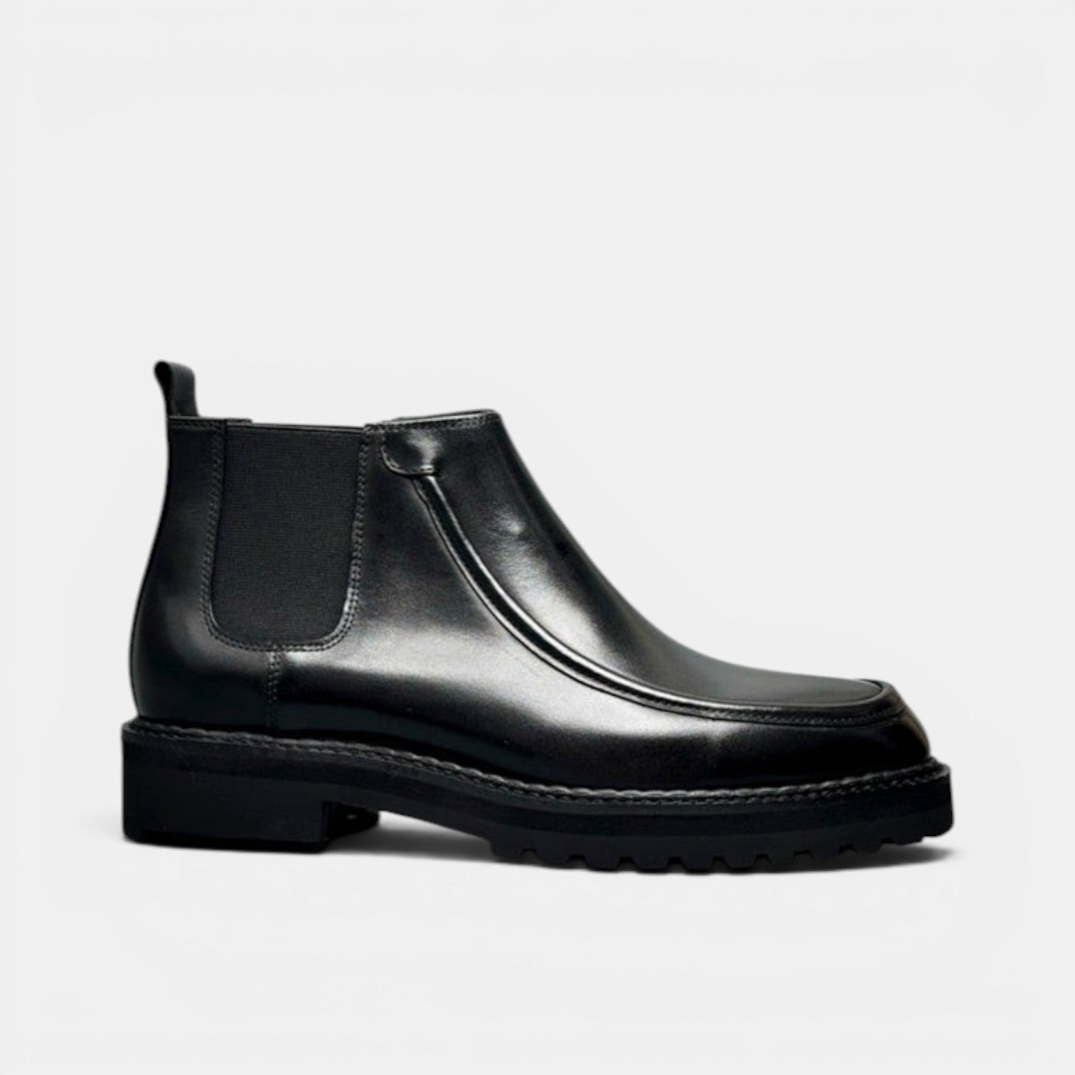 Barcon Getta Inc black leather Chelsea boots with a square toe and elasticated side panels.