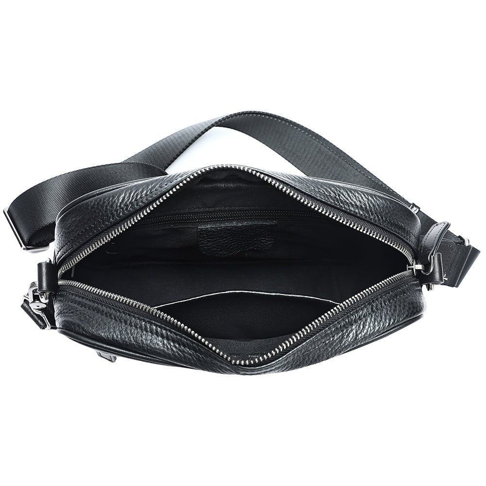 Barcon Getta Inc black full grain Ethiopian leather crossbody bag with multiple zipper pockets and adjustable strap.