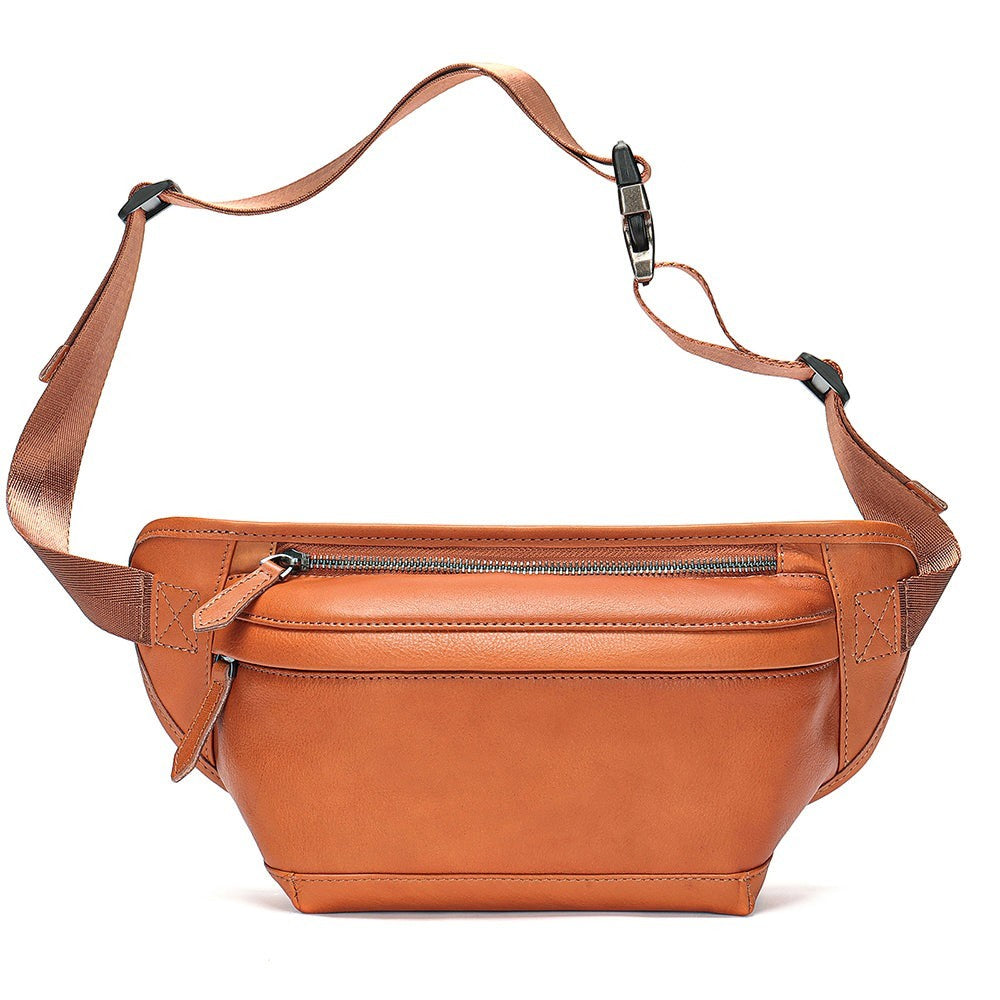 Barcon Getta Inc tan Ethiopian leather fanny bag with adjustable strap and zipper pocket.