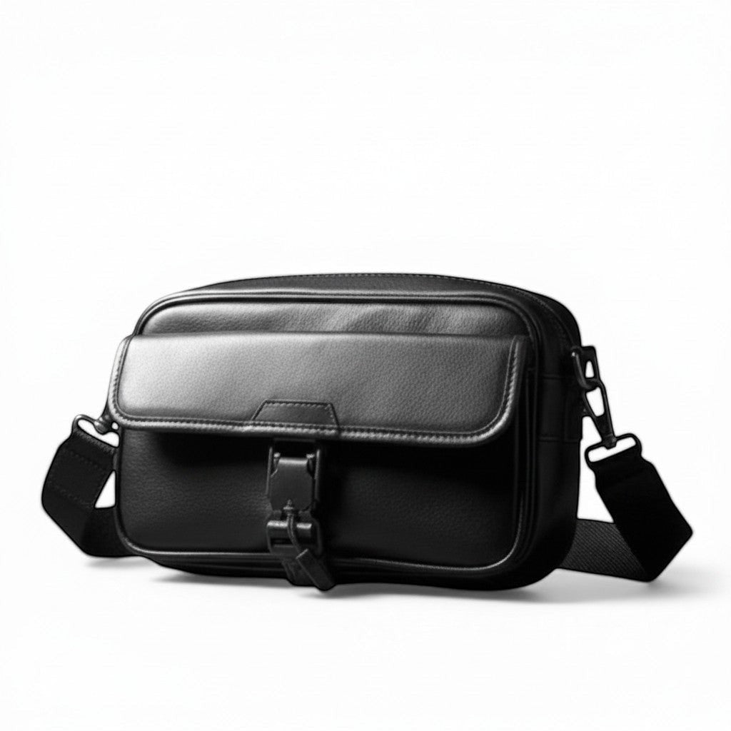 Barcon Getta Inc black full grain leather shoulder bag with buckle closure and multiple compartments.