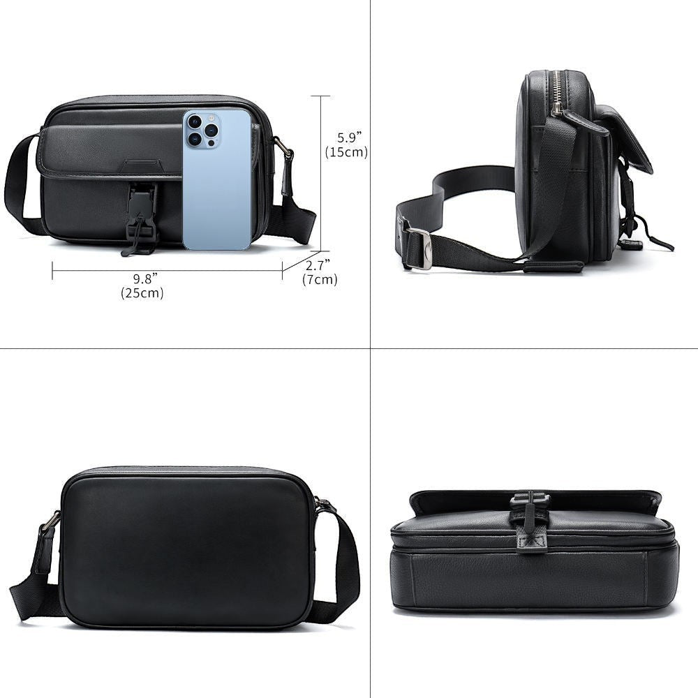 Barcon Getta Inc UrbanSide black full grain leather shoulder bag with multiple compartments and buckle closure.