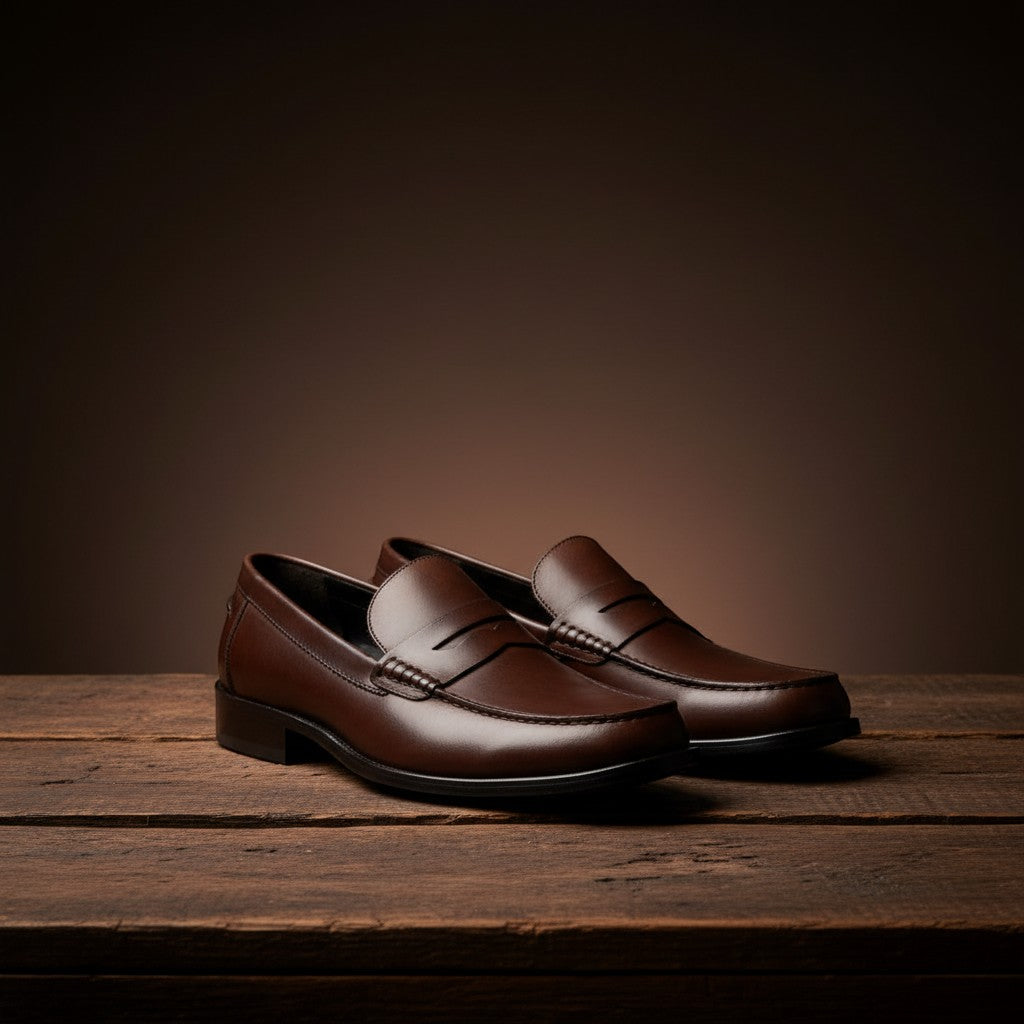 Barcon Getta Inc ABUJA brown leather penny loafers with traditional strap detail and sleek silhouette.
