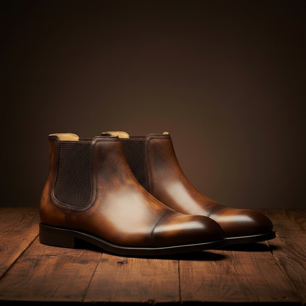 Barcon Getta Inc Addis Ababa Chelsea boots in brown full grain Ethiopian leather with elastic side panels and cap toe.