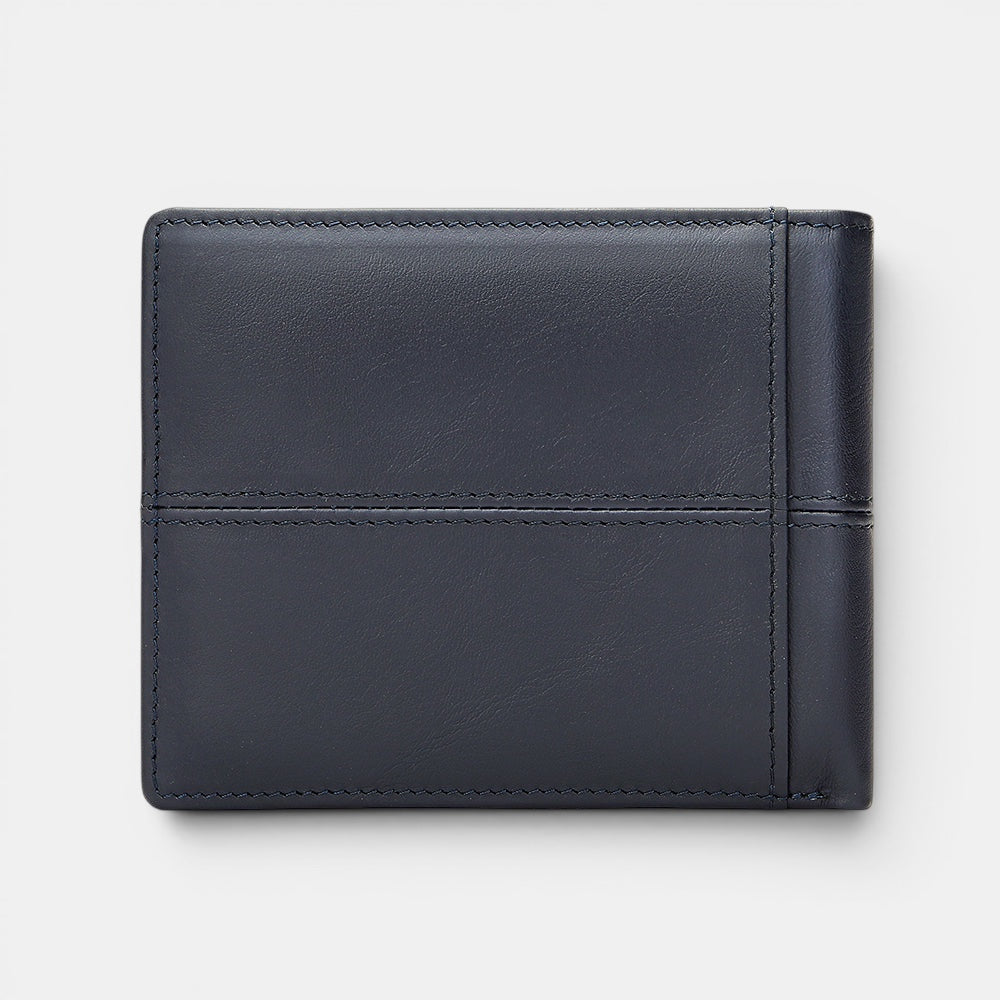 Barcon Getta Inc The Aero Slim Wallet, dark blue full grain leather bi-fold wallet with 8 card slots, coin slot, bill compartments, ID window, and anti-theft swipe.