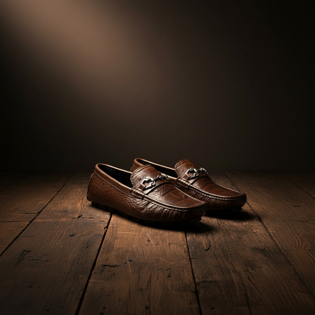 Barcon Getta Inc ARBA-MINCH taupe crocodile-embossed leather driving loafers with gunmetal snaffle bit hardware.