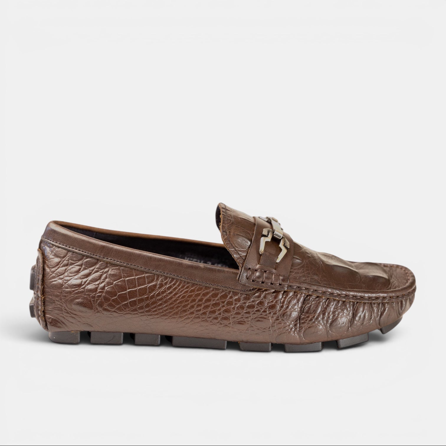 Barcon Getta Inc ARBA-MINCH taupe/mocha brown crocodile-embossed leather driving loafers with gunmetal snaffle bit.