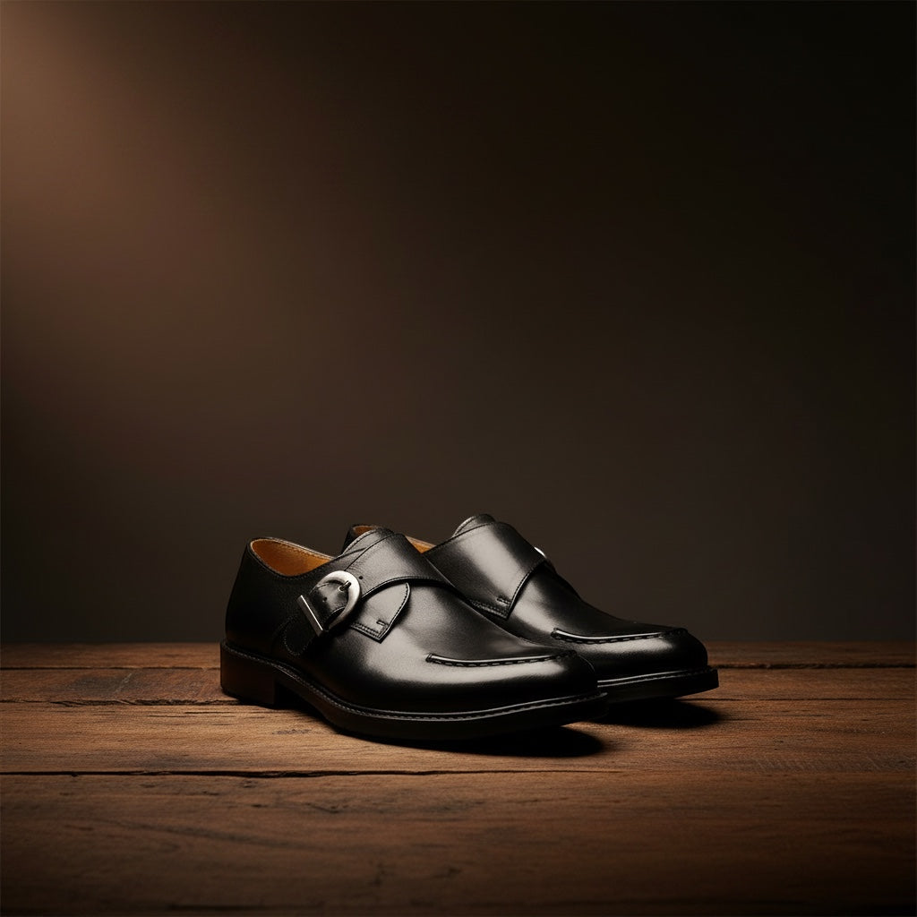 Barcon Getta Inc BAMAKO black leather single monk strap dress shoes with silver buckle and apron toe.