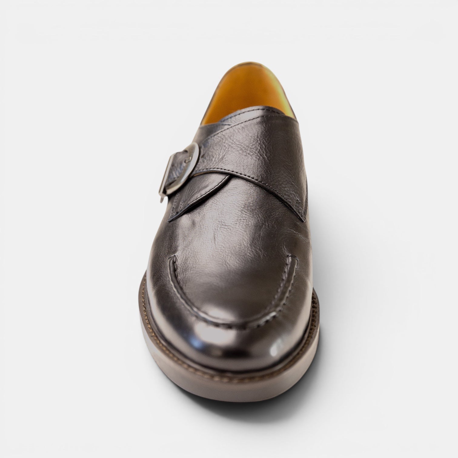 Barcon Getta Inc BAMAKO single monk strap dress shoe in gunmetal charcoal black full grain leather with silver buckle and apron toe.