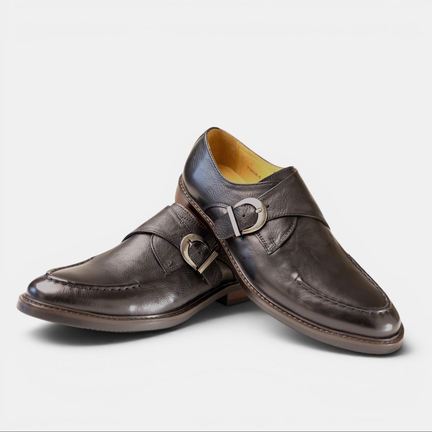Barcon Getta Inc BAMAKO single monk strap dress shoes in gunmetal charcoal black full grain leather with silver buckle and apron toe.