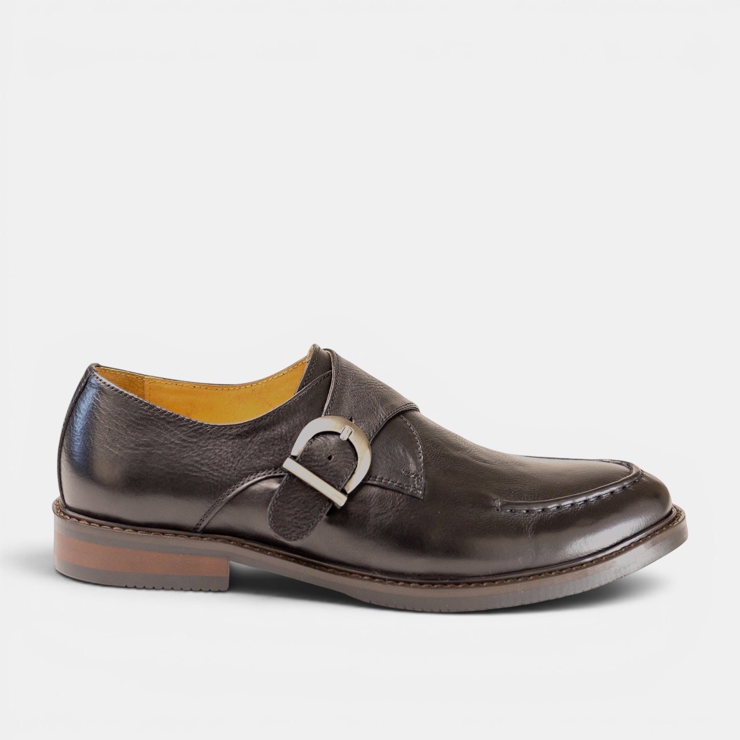 Barcon Getta Inc BAMAKO single monk strap dress shoes in burnished tobacco brown full grain leather with silver buckle and apron toe.
