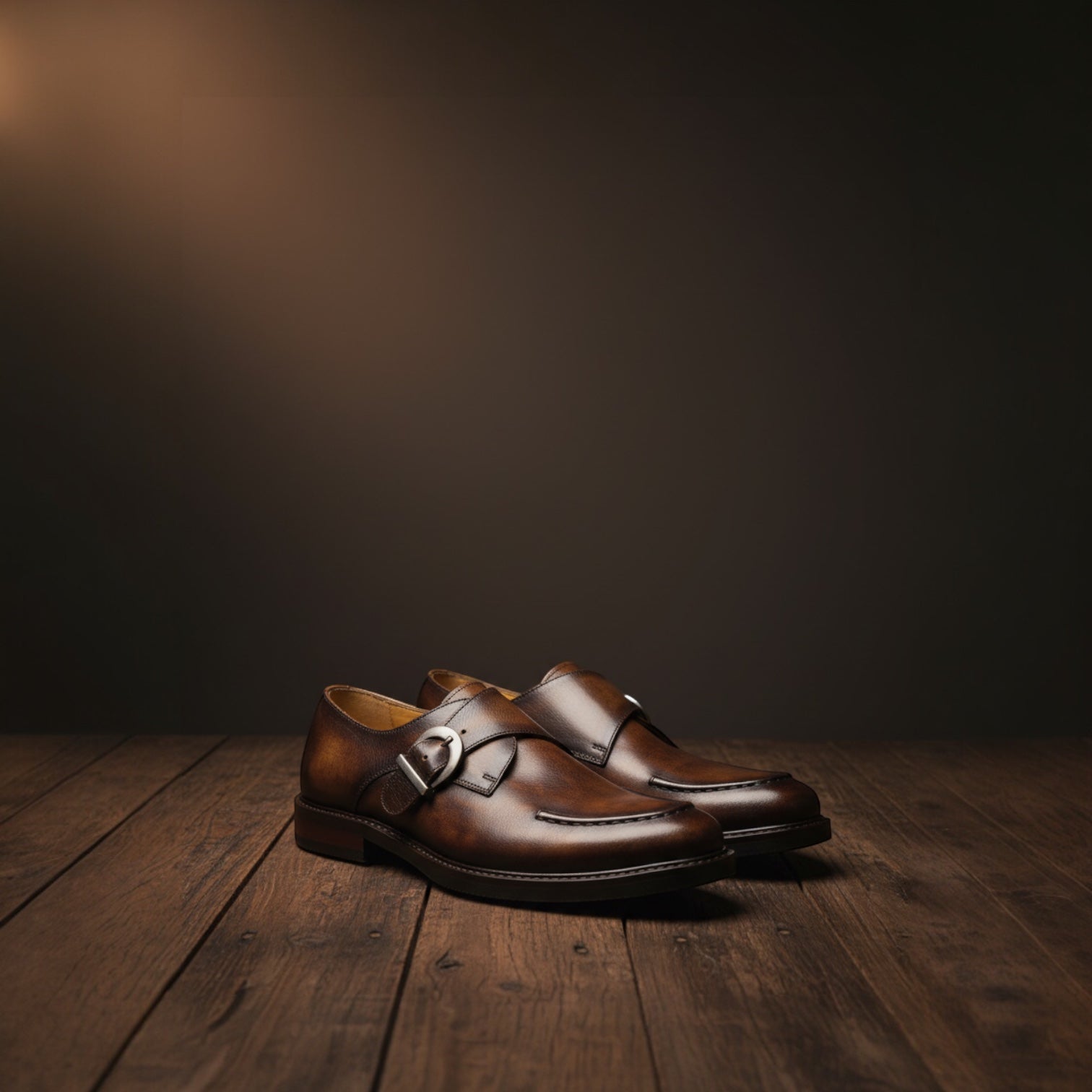 Barcon Getta Inc BAMAKO single monk strap dress shoes in burnished tobacco brown full grain leather with silver buckle.