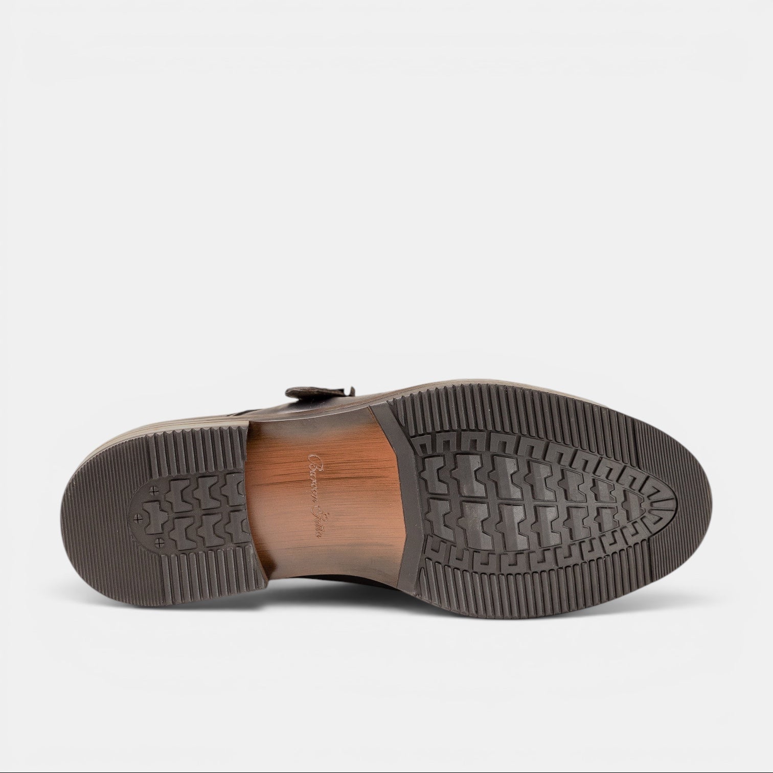 Barcon Getta Inc BAMAKO single monk strap dress shoes in burnished tobacco brown full grain leather with silver buckle and lug sole.
