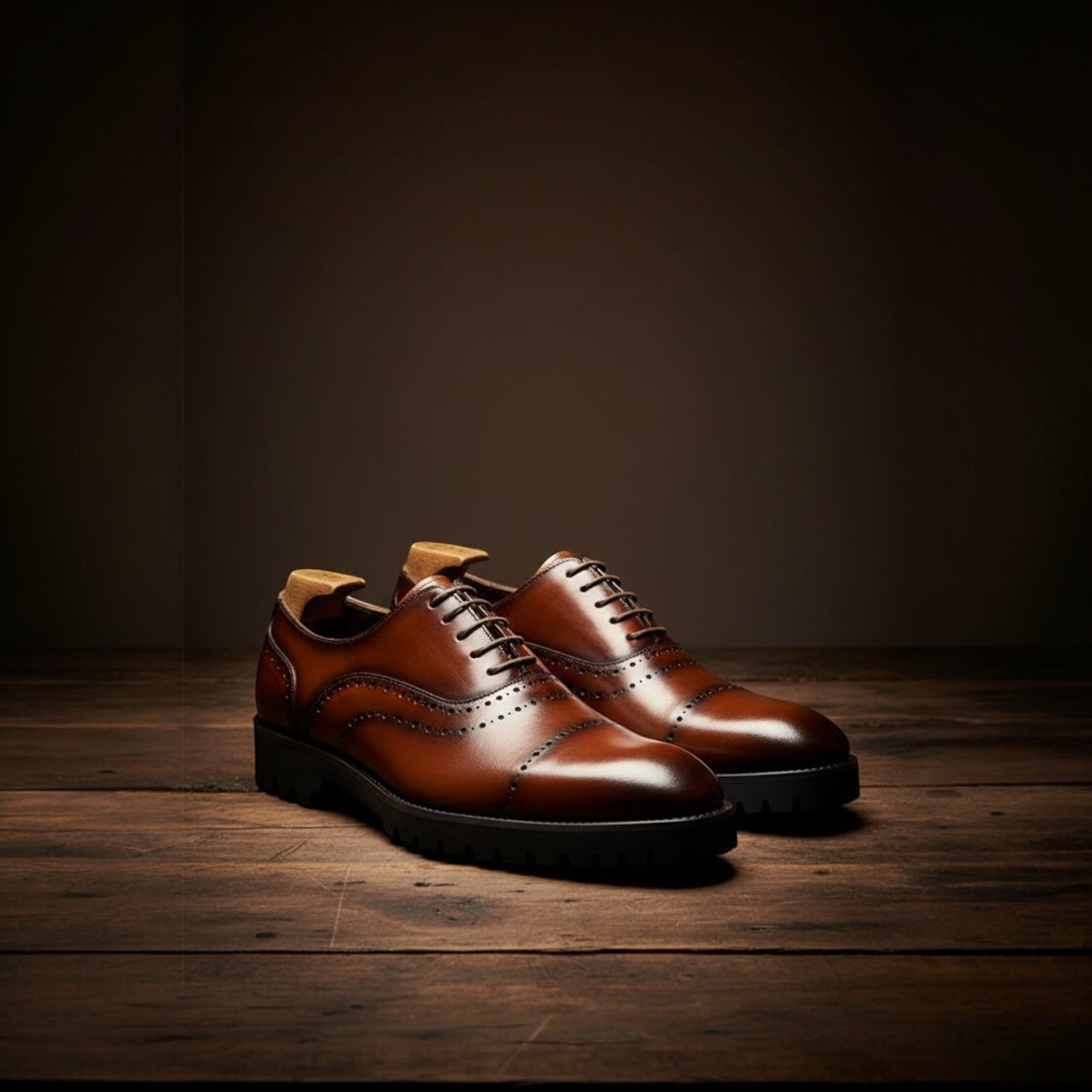 Barcon Getta Inc BANJUL cognac brown full grain leather wingtip oxford dress shoes with brogue perforations and lug sole.