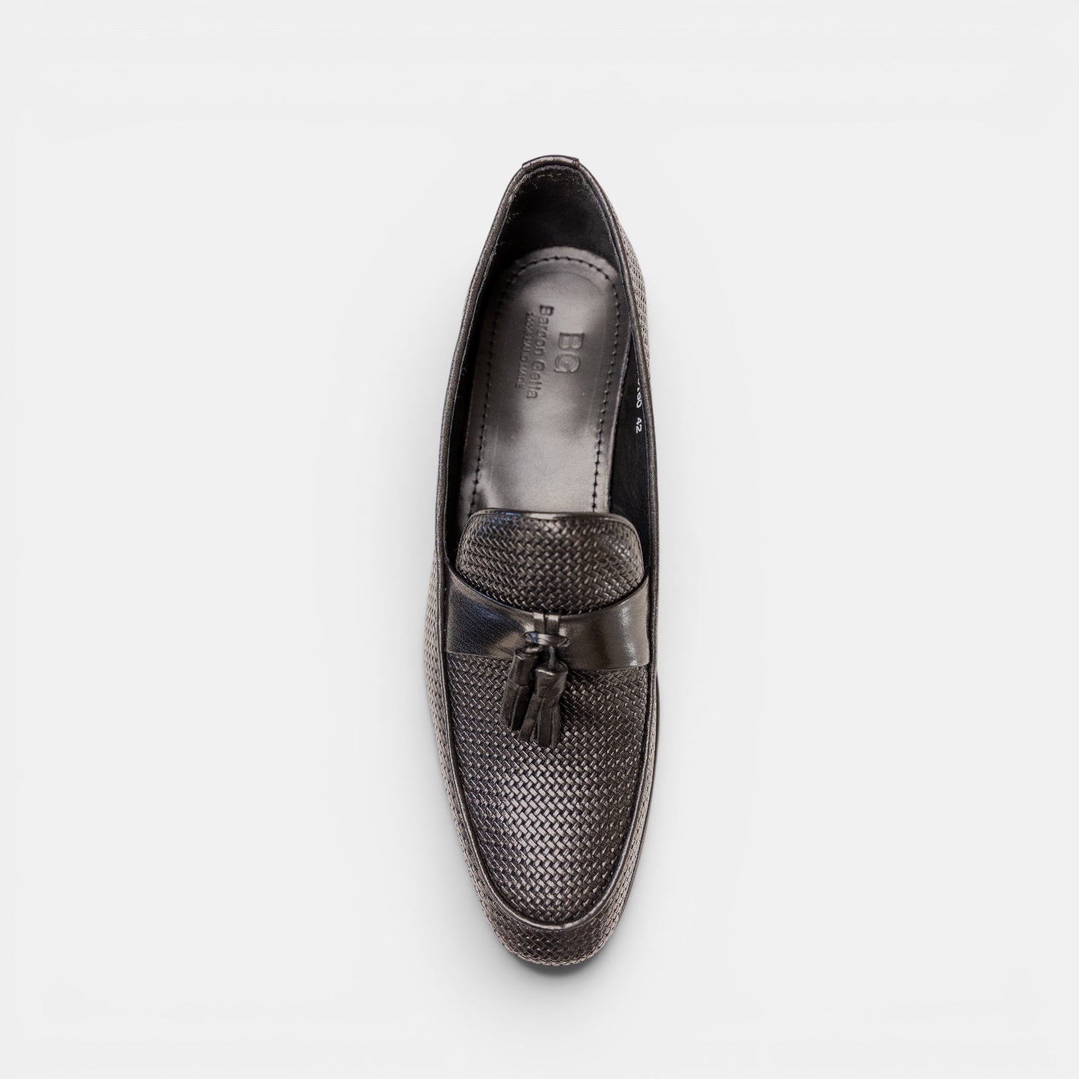 Barcon Getta Inc BERBERA burnished tan full-grain leather hand-woven tassel loafer with smooth leather saddle strap.