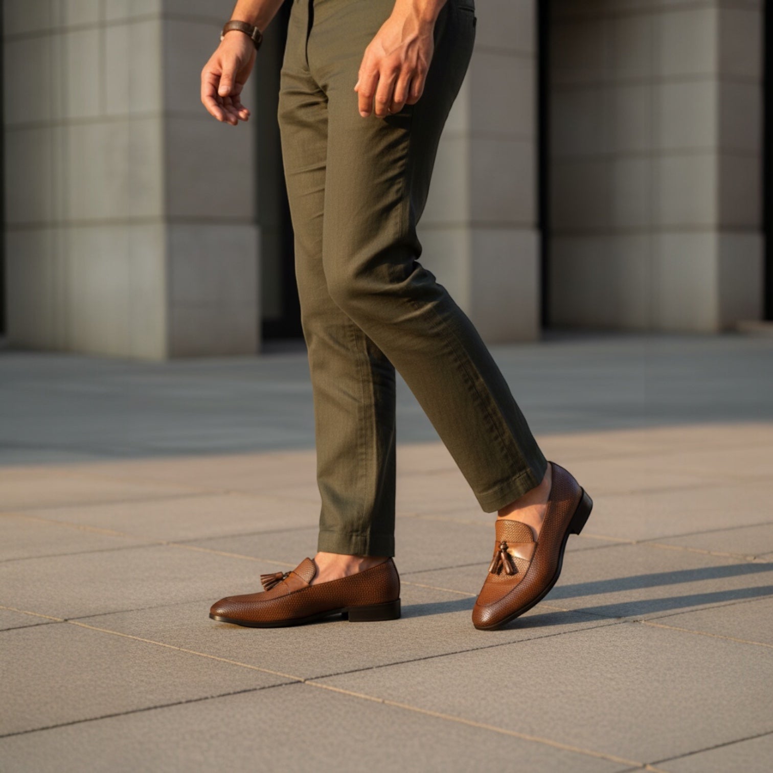 Barcon Getta Inc BERBERA burnished tan full-grain leather hand-woven tassel loafers with rubber sole.