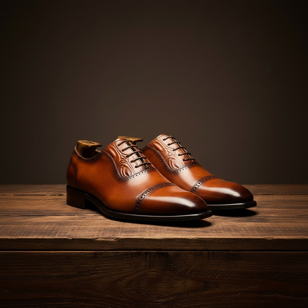 Barcon Getta Inc BISSAU burnished tan full grain leather cap toe Oxford dress shoes with brogue perforations and scroll embossing.
