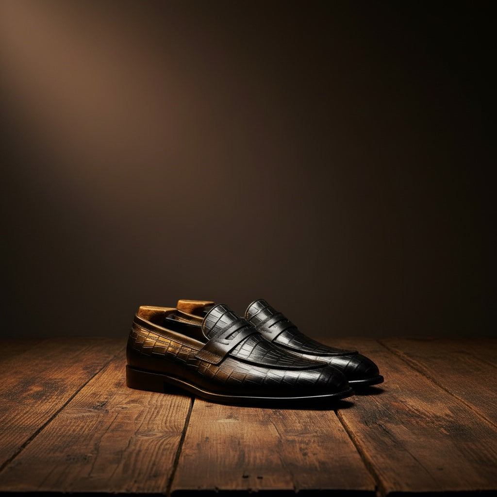 Pair of black leather loafers on a wooden floor with a dark brown background