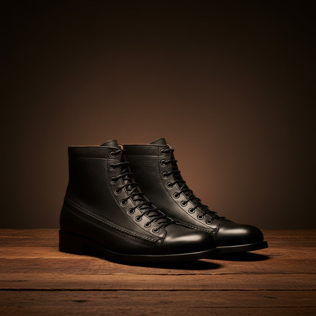 Barcon Getta Inc black full grain calf leather lace-up ankle boots with detailed stitching.