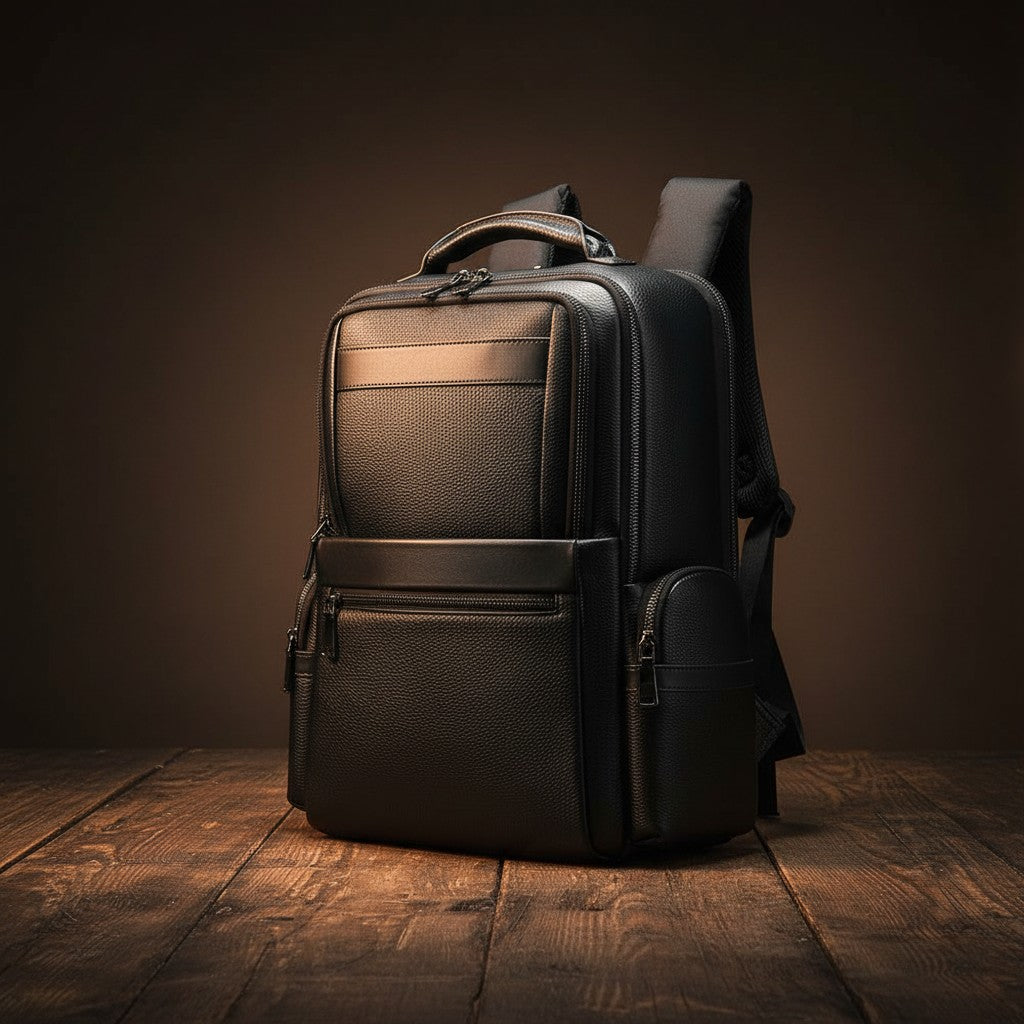 Barcon Getta Inc black full grain leather backpack with multiple zippered compartments and padded straps.