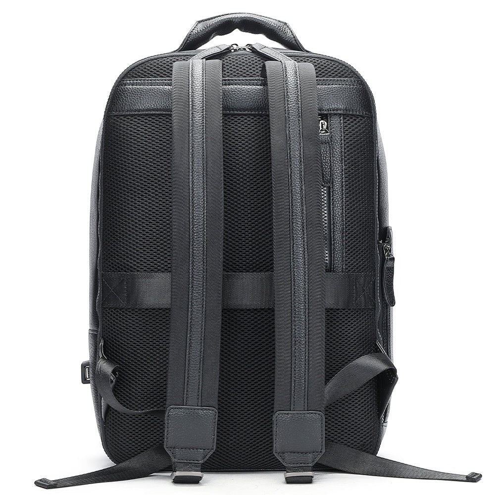Barcon Getta Inc black Ethiopian leather backpack with breathable straps, trolley sleeve, and laptop compartment.