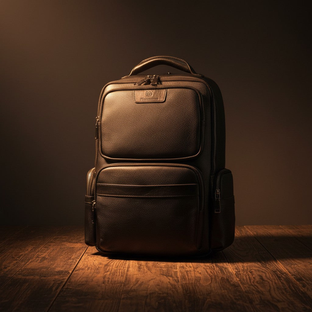 Barcon Getta Inc black full grain leather backpack with multiple zippered pockets and padded straps.