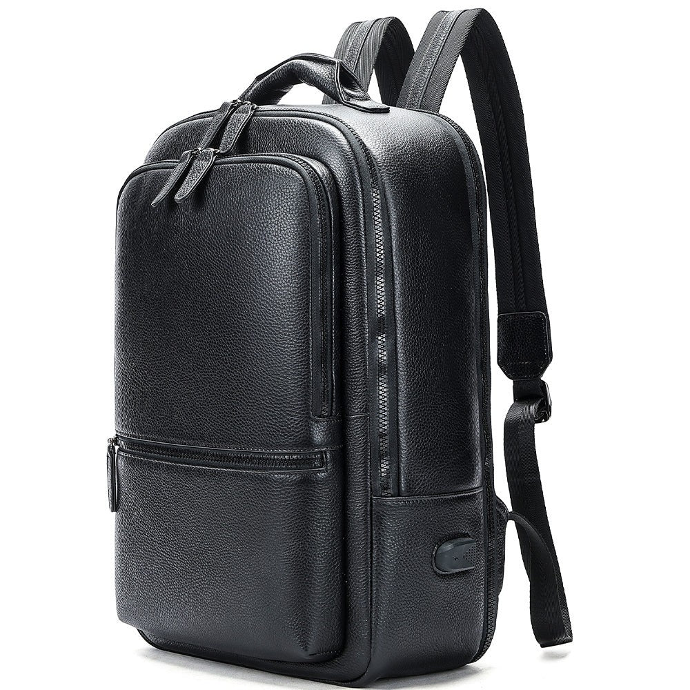 Barcon Getta Inc black Ethiopian leather backpack with breathable straps, fits up to 17" laptop.