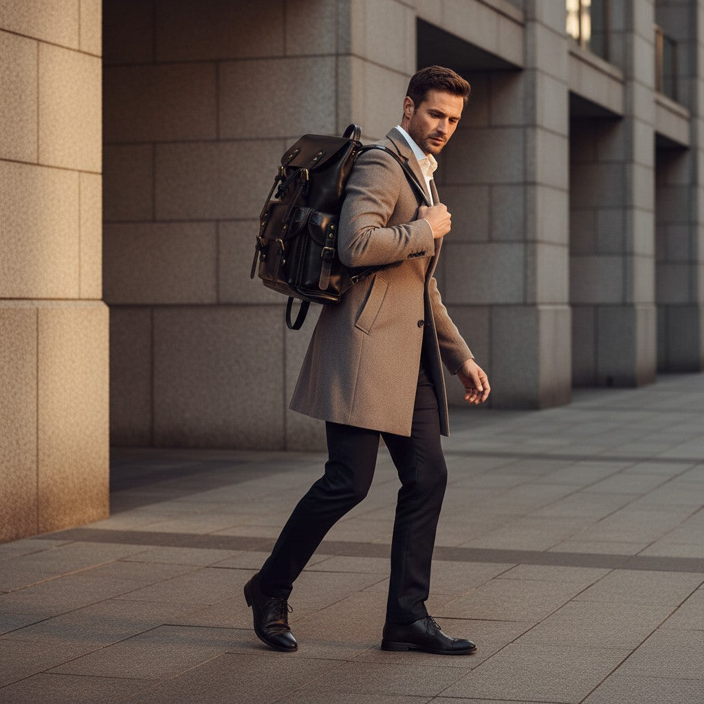 Barcon Getta Inc black Ethiopian leather backpack with buckle straps, drawstring closure, and multiple pockets. Handmade.