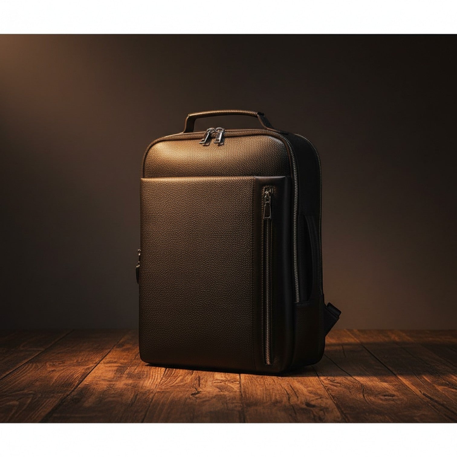 Barcon Getta Inc black full grain leather CITYSTRIDE backpack with multiple zipper pockets and padded straps.